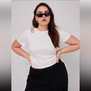 CIDER White Ribbed Knit Blouse – Cut-Out Details & Adjustable Drawstrings